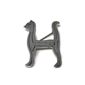 Vintage Mexico Modernist Sterling Silver Cat Brooch/Signed Letter Initial H Pin