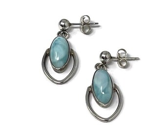 Petite Vintage Larimar Sterling Silver Earrings: Dominican Republic Atlantis Stone Minimalist Jewelry