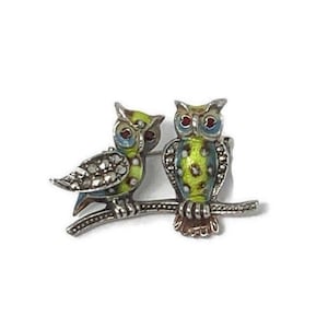 Vintage Alice Caviness 1950s Small Sterling Guilloche Enamel Marcasite Owl Bird Pin Brooch