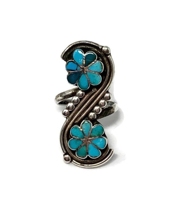 Native American Jewelry Rare Vintage Zuni Green Turquoise Flower Dishta Sterling Silver Ring Old Native American Jewelry Rare Vintage Zuni Green Turquoise Flower Dishta Sterling Silver Ring Old