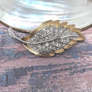 Vintage Signed Marboux Marcel Boucher Two Tone Rhinestone Leaf Brooch Pin