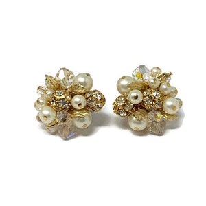 Vendome Vintage Faux Pearl AB Crystal Cluster Clip Earrings