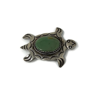 Vintage Navajo Turquoise Sterling Silver Turtle Brooch Pin: Signed AJC Albert Cleveland Southwestern Jewelry
