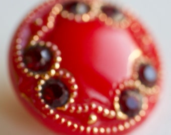 Red Glass Button with Deep Red Jewels