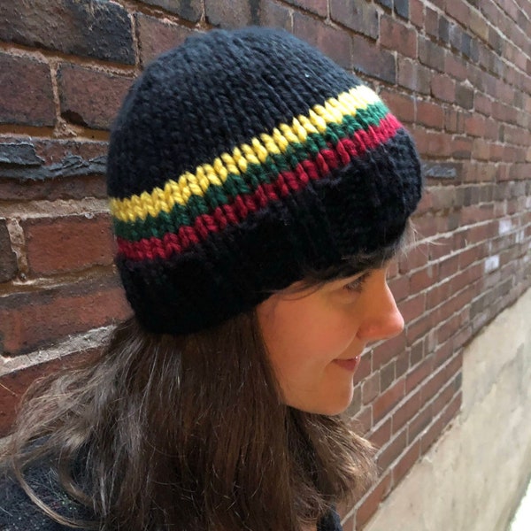 Hand knit winter beanie hat with Lithuanian flag stripe - multiple sizes