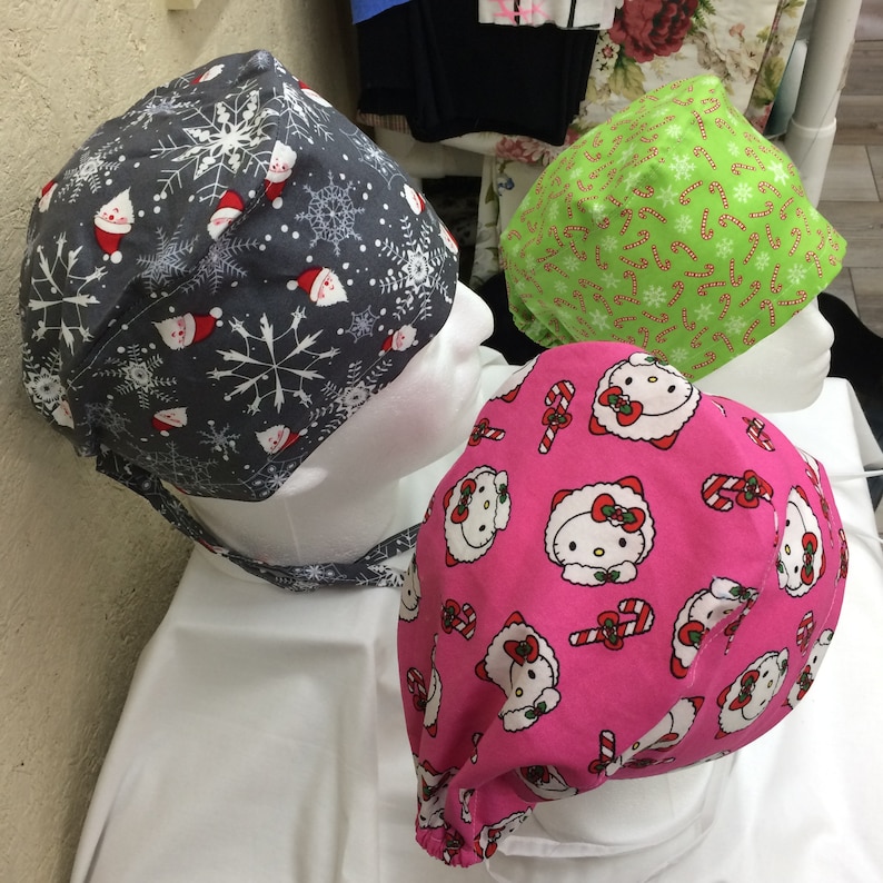 Scrub hat caps Designer scrub hats my little kitty Christmas santa snow flakes candy canes reg one size fits most free shipping
