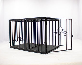 ADJUSTABLE XXL CAGE with cuffs to train your pet for bondage and fetish games. Bondage cage for kitten play. Dungeon humiliation furniture.