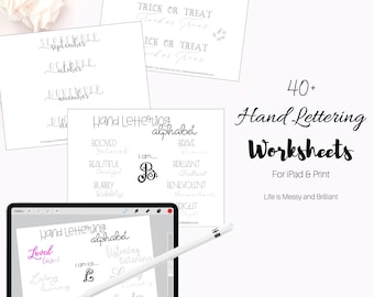 Puede incluir: La pantalla de una tableta digital muestra una hoja de trabajo para practicar la caligrafía. La hoja de trabajo presenta la letra "L" y palabras que comienzan con "L" como "Loved", "Living", "Learning" y "Leader". Los textos "Hand Lettering Alphabet" y "I am..." también son visibles en la pantalla. La tableta está apoyada sobre una superficie blanca y un lápiz digital está colocado a su lado.