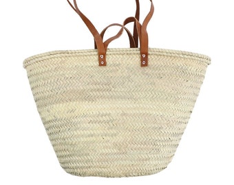 Handcrafted basket bag with long and short leather handles