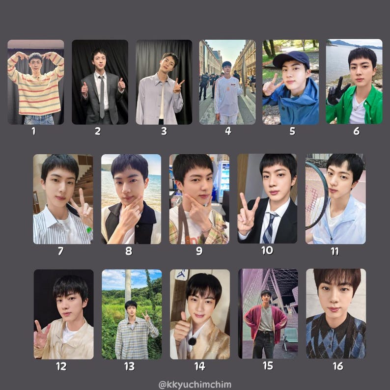May include: A collection of sixteen photo cards featuring a man in various poses and outfits. The cards are arranged in a grid, showcasing different settings and clothing styles, including casual and formal wear.