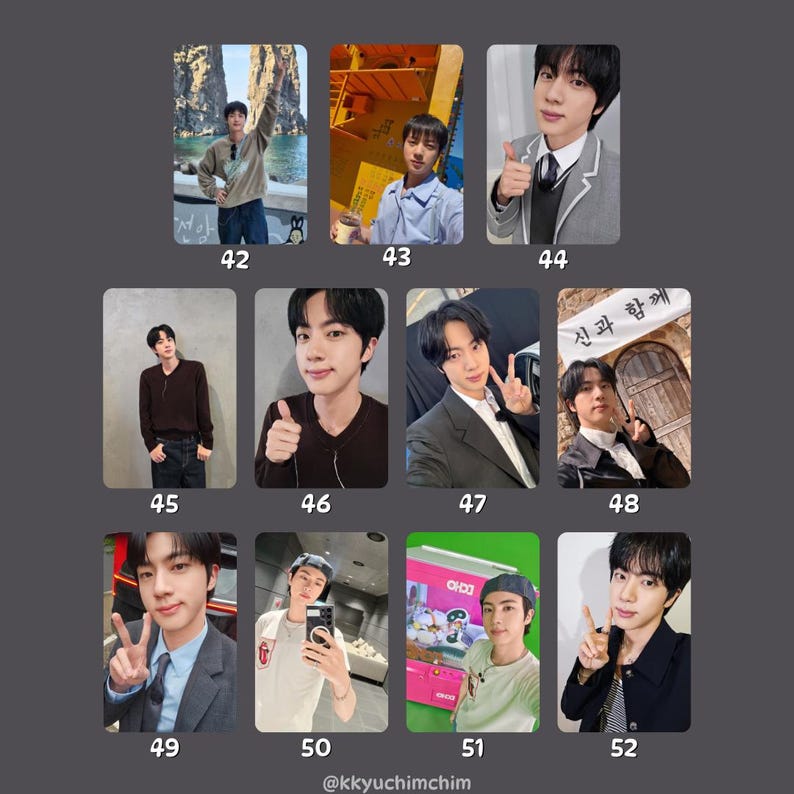 May include: A collection of nine photo cards featuring a person in various poses and outfits. The cards are numbered 42 through 52. The background is a dark gray color.