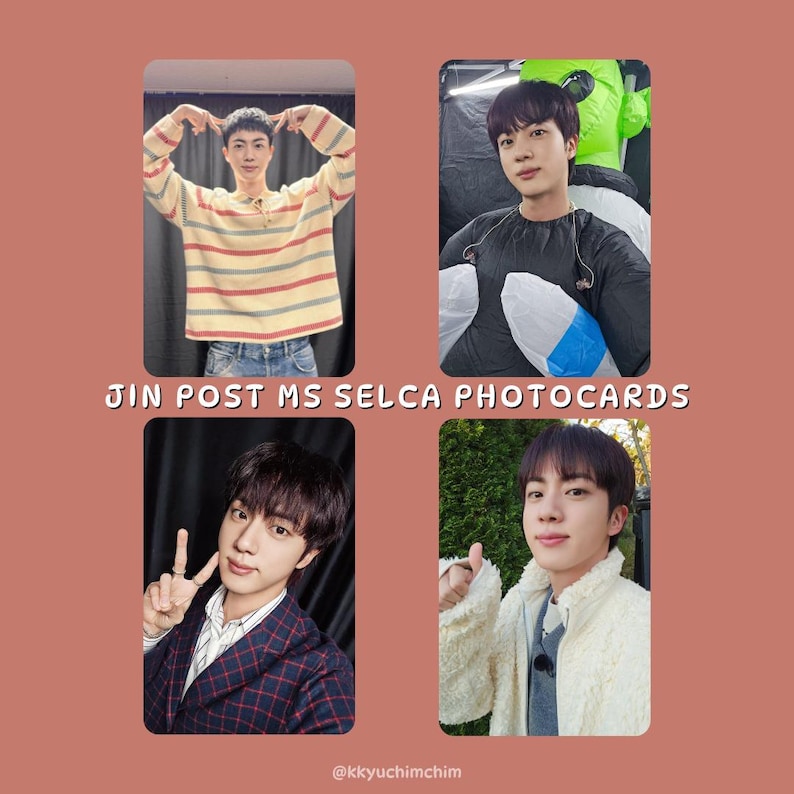 May include: Four photocard images of a person in various poses. The top left image shows the person wearing a striped shirt. The top right image shows the person wearing a black shirt. The bottom left image shows the person wearing a patterned blazer. The bottom right image shows the person wearing a white jacket. Text on the image reads "JIN POST MS SELCA PHOTOCARDS".