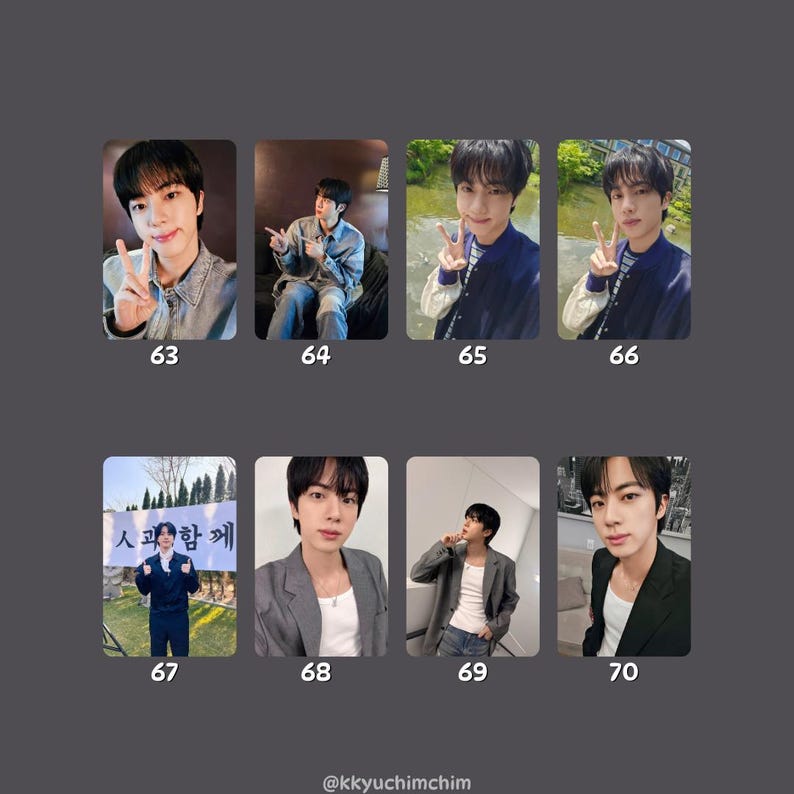 May include: A collection of eight photo cards featuring a person in various poses and outfits. The cards are numbered 63 through 70. The background is a solid gray color.
