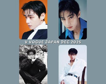 May include: Four rectangular images of a person in different poses. The top left image shows the person in a black suit with an orange background. The text "V VOGUE JAPAN DEC 2025" is in the centre.