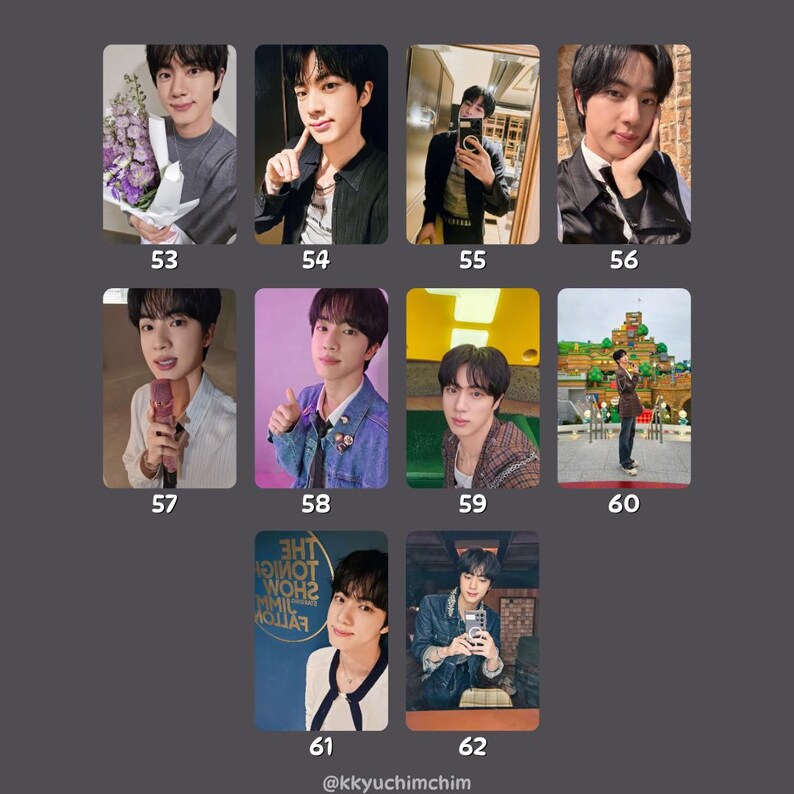 May include: A collection of nine photo cards featuring a person in various poses and settings. The images showcase the person in different outfits, holding flowers, and using a microphone. The cards are numbered 53 through 62.