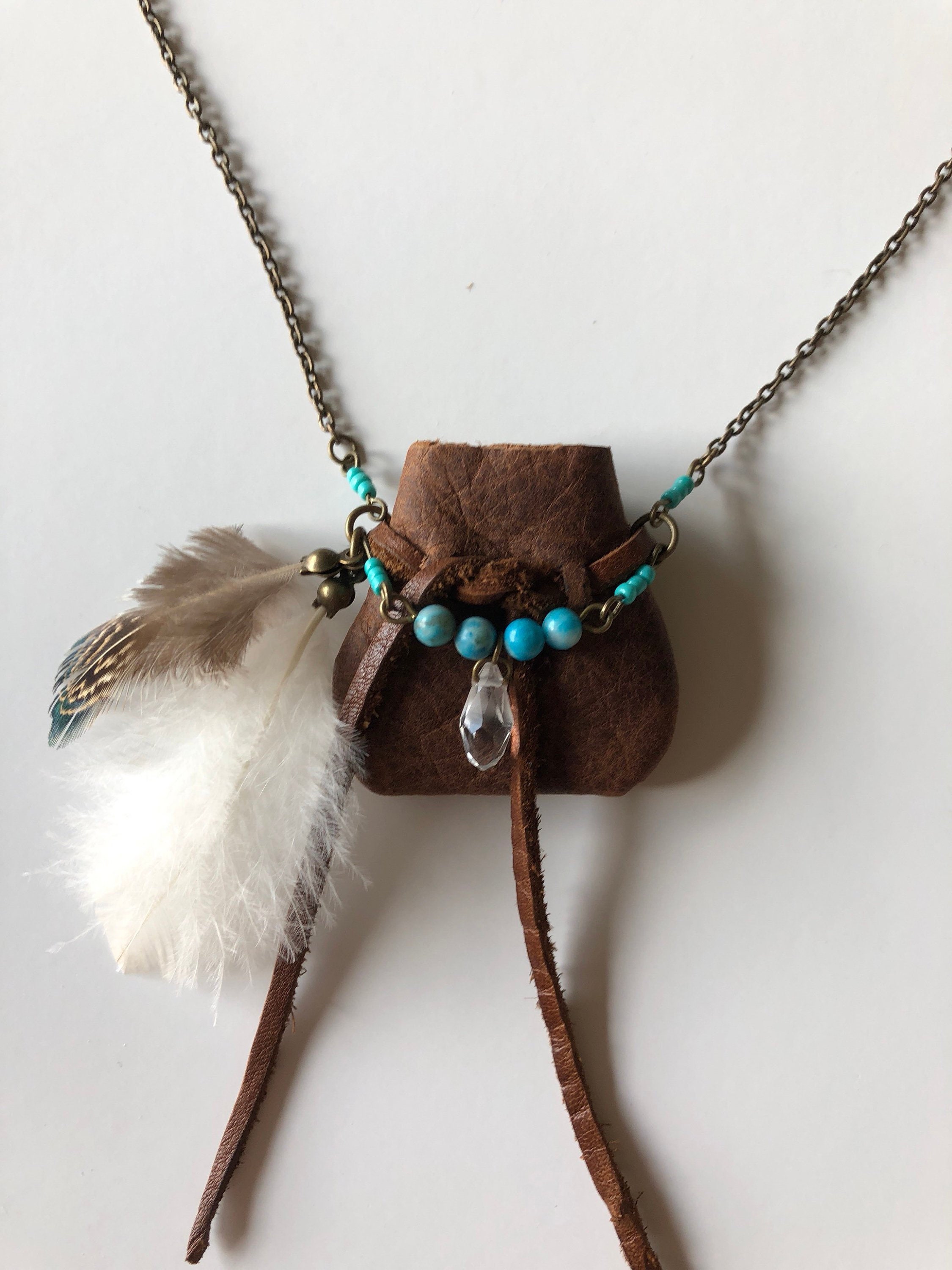 Genuine leather AMULET pouch necklace with genuine turquoise Etsy