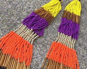 Multistrand necklace; Multicolor necklace; Multistrand seedbead necklace; Yellow beads, orange beads, purplebeads, black beads, golden beads
