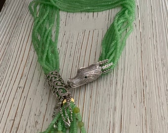 Beaded necklace; Dragon necklace; Silver dragon; Silver necklace; Silver pendant necklace; Green beads; Green beaded necklace; Multi-strand