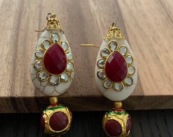 Traditional Dangling Earrings, Jhumka, Jhumki, Dangler earrings; Tear drop earrings; Beaded earrings; Indian ethnic earrings; Red earrings