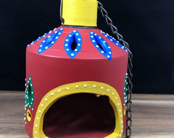 Handicraft; Clay; Clay pot; Tea light candle holder; Hanging tea light holder; Home decor; Handmade/ hand painted pottery; Tea light holder