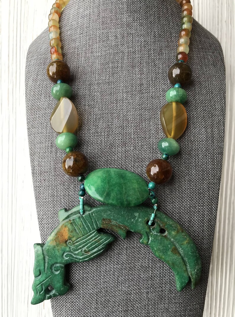 Handcarved Jade Pendant Olive Jade Green Jade Statement Necklace