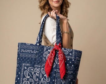 Blue Quilted Cotton Tote Bag, Travel Gifts Accessories, Big Grocery Bag, Girly Tote Bag, Bandana CAMO w/ Red Bandana Scarf - AMERICANA