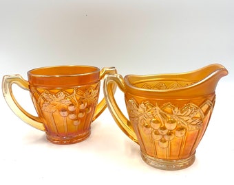 Northwood Marigold Grape and Gothic Arches Sugar Bowl and Creamer Set