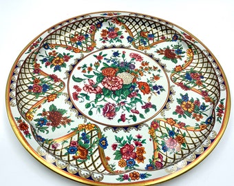 Serving tray, cabaret, Daher flower round, flowers, gold, rose, blue