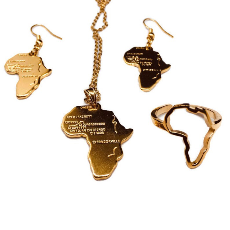 African Map Pendant Necklace and Earrings and Africa Ring Matching ...