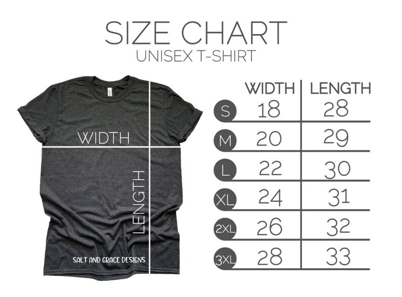 Puede incluir: Tabla de tallas para una camiseta unisex. La tabla muestra las medidas de ancho y largo en pulgadas para las tallas S, M, L, XL, 2XL y 3XL.