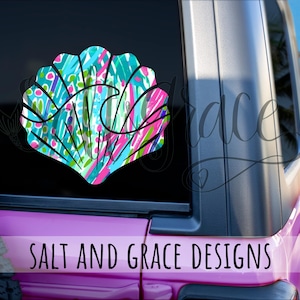 Seashell Vinyl Decal, Shell Yeah, Shell with Wave Sticker, Clam Shell Decals, Beachy Car Decal, Beach Girl at Heart, Colorful Vinyl Decal