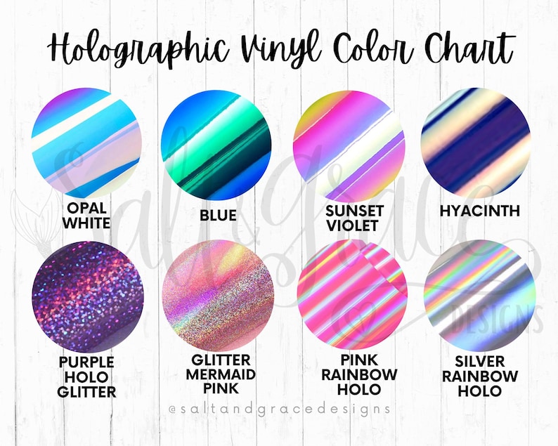 K&ouml;nnte beinhalten: Eine Farbkarte mit acht holografischen Vinylfarben. Die Karte enth&auml;lt Farben wie Opal White, Blue, Sunset Violet, Hyacinth, Purple Holo Glitter, Glitter Mermaid Pink, Pink Rainbow Holo und Silver Rainbow Holo. Der Text "Holographic Vinyl Color Chart" steht oben.