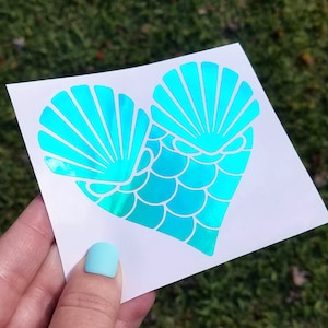 Mermaid at Heart Vinyl Decal, Holographic Sticker for Car, Clam Shell, Seashells, Mermaid Scales, Heart Shaped Sticker, Laptop, Ocean Girl