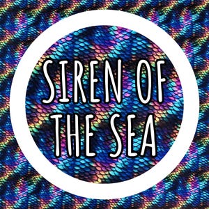 May include: A circular graphic featuring a repeating iridescent scale pattern in shades of blue, purple, and gold. Centered within the circle is the text SIREN OF THE SEA in a bold, white, sans-serif font, enclosed by a thick white circular border.