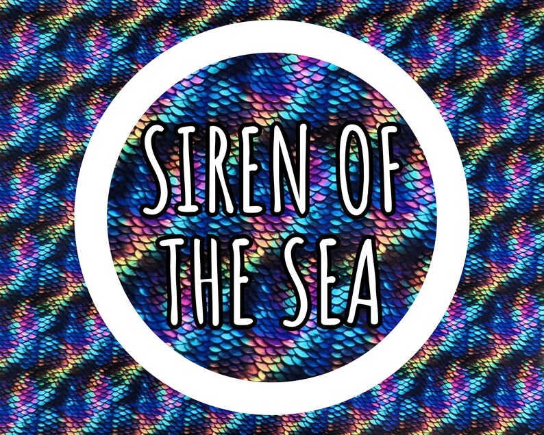 May include: A circular graphic featuring a repeating iridescent scale pattern in shades of blue, purple, and gold. Centered within the circle is the text SIREN OF THE SEA in a bold, white, sans-serif font, enclosed by a thick white circular border.