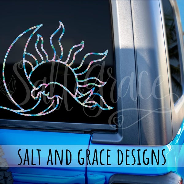 Sun and Moon Ocean Wave Decal, Beachy Celestial Decals, Beach Car Decal, Sunset, Sunshine