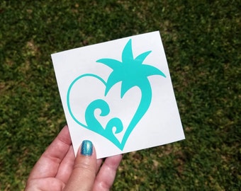 Ocean Wave and Palm Tree Heart Vinyl Decal, Beach Vibes, Wave Decal for Car, NC Beaches, Tropical, Beachy, Coastal Sticker, Aquaholic