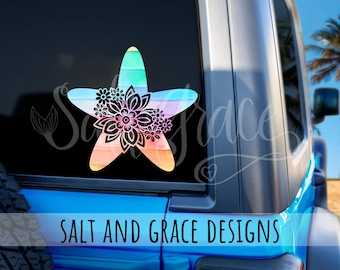 Starfish Vinyl Decal, Sea Star, Floral Mandala Decal, Beachy Car Sticker