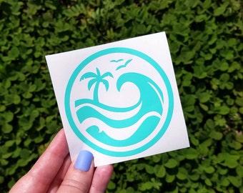 Ocean Wave and Palm Tree Decal, Waves Decal for Car, Beach Laptop Sticker, Beach Wave Vinyl Decal, Round Beachy Decal, Laptop Decal