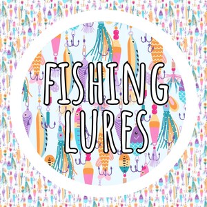 May include: A circular graphic featuring the text FISHING LURES in bold black letters, centered over a repeating pattern of colorful fishing lures in shades of orange, pink, purple, and teal against a light blue background.