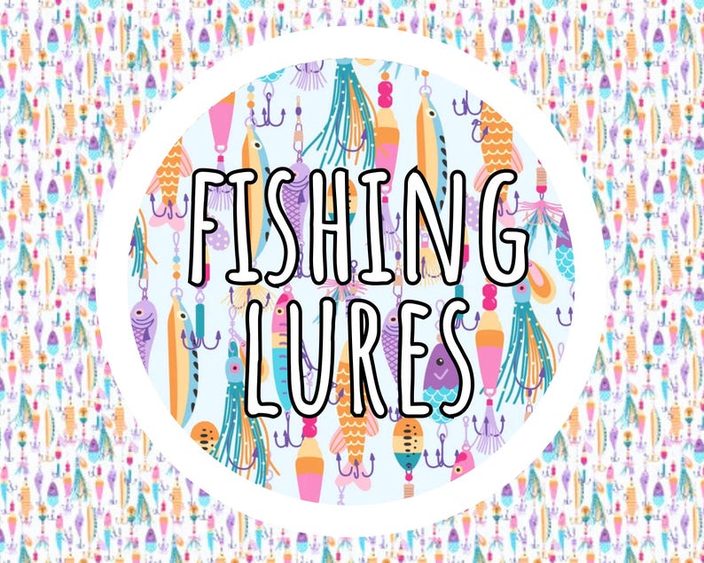 May include: A circular graphic featuring the text FISHING LURES in bold black letters, centered over a repeating pattern of colorful fishing lures in shades of orange, pink, purple, and teal against a light blue background.