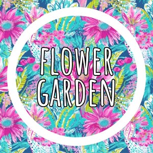 May include: A vibrant floral pattern featuring bright pink flowers and teal green foliage on a dark blue background. A bold white circle frames the center, containing the black outlined text FLOWER GARDEN in a tall, sans-serif typeface.