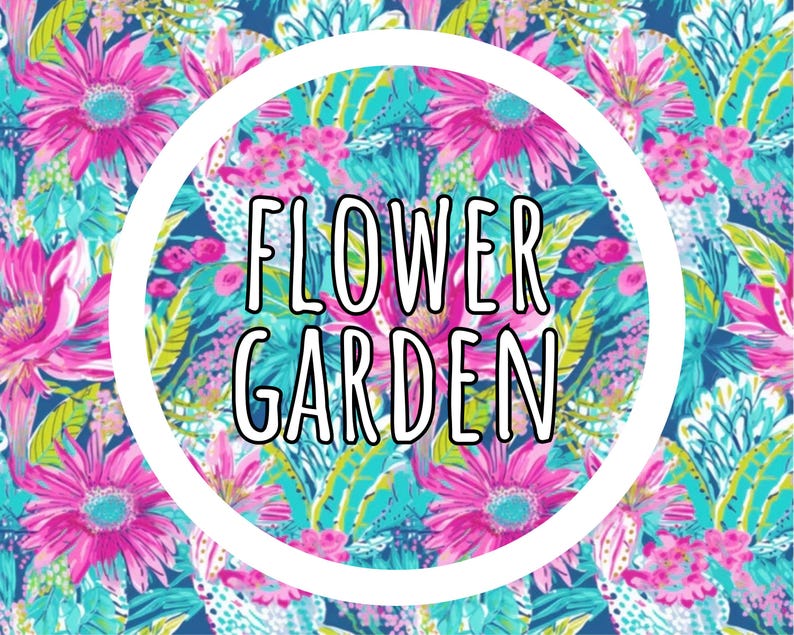 May include: A vibrant floral pattern featuring bright pink flowers and teal green foliage on a dark blue background. A bold white circle frames the center, containing the black outlined text FLOWER GARDEN in a tall, sans-serif typeface.