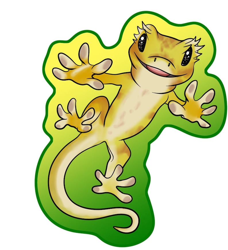 May include: A cartoon illustration of a yellow crested gecko with orange eyes and a big smile. The gecko is on a green and yellow background.
