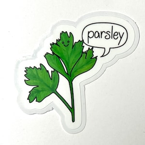 Könnte beinhalten: Eine grüne Karikatur von Petersilie mit einem lächelnden Gesicht und einer Sprechblase, auf der "Petersilie" steht.