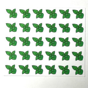 May include: A sheet of stickers featuring a repeating pattern of green, cartoon-style mint leaves. Each leaf has a detailed outline and a white border, creating a playful and decorative design. The stickers are arranged in neat rows and columns.