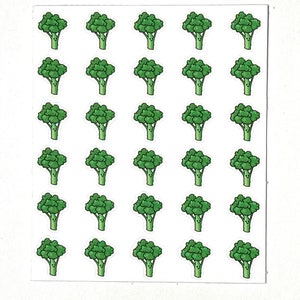 May include: A sheet of 25 green broccoli stickers. Each sticker features a cartoon broccoli with a smiling face.