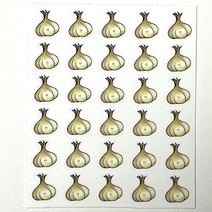 May include: A sheet of 30 white stickers featuring cartoon illustrations of garlic bulbs with faces. Each sticker is approximately 1 inch in diameter.