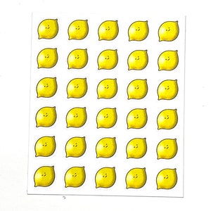 May include: A sheet of 36 yellow lemon stickers with a smiling face. Each sticker is approximately 1 inch in diameter.