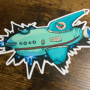 Sticker sticker Planet Express crashend schip, futurama nieuw